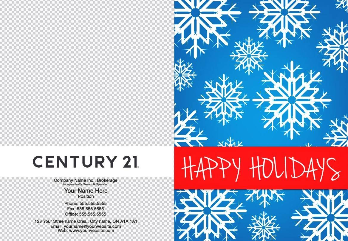 century 21 blue background snowflakes red greeting