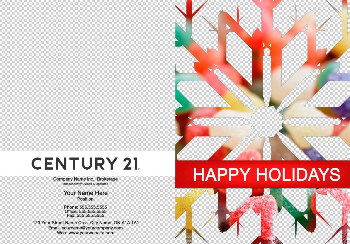century 21 happy holiday red background snowflake script red plain font