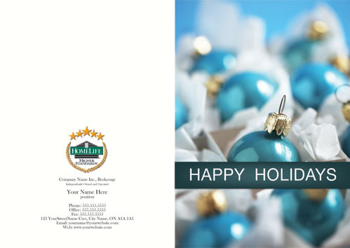 homelife happy holidays photo card blue ornament plain font