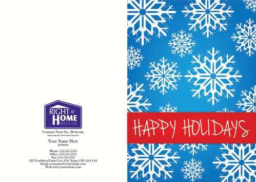 right at home blue background snowflakes red greeting