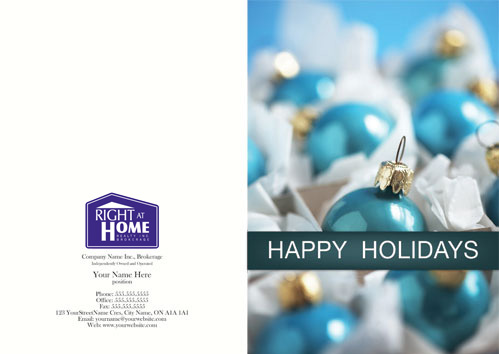 right at home happy holidays photo card blue ornament plain font