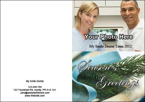 seasons greeting photo card pine tree blue ribbon